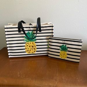 KATE SPADE Pineapple Stripe Canvas Mega Sam Tote bag & Wristlet, NWT & GIFT BOX!